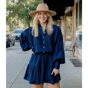 ELF Ella Pure Linen Button Down Pleated Flowing Tiered Fit & Flare Skirt Dress